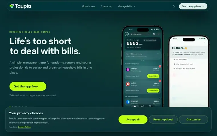 Screenshot of the Taupia homepage