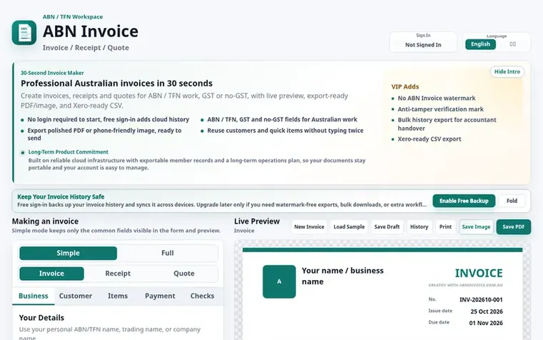 Screenshot of the ABN Invoice homepage