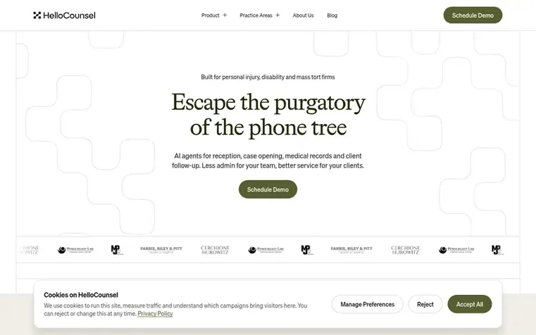 Screenshot of the HelloCounsel homepage