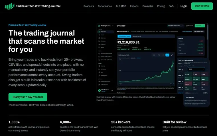 Screenshot of the Financial Tech Wiz Trading Journal homepage