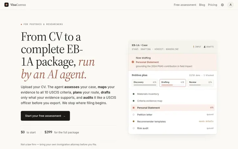 Screenshot of the VisaCanvas homepage