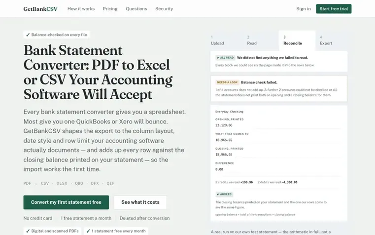 Screenshot of the GetBankCSV homepage