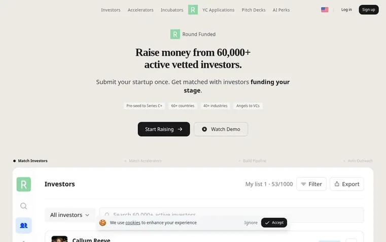 Screenshot of the Round Funded homepage