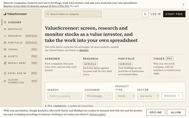 Screenshot of the ValueScreener homepage