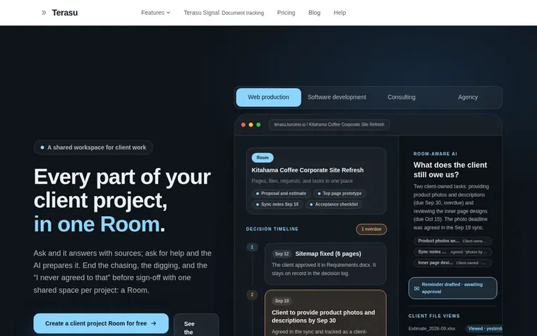 Screenshot of the Terasu homepage