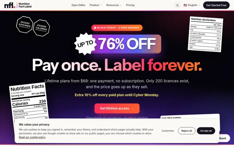 Screenshot of the Nutrition Fact Label homepage