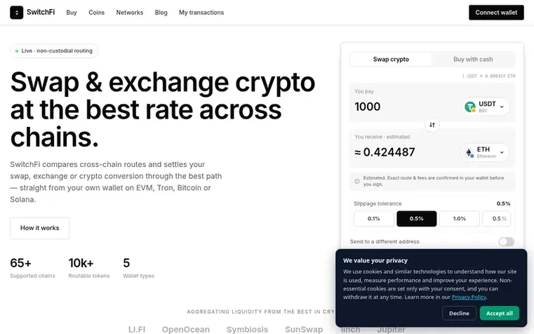 Screenshot of the SwitchFi homepage