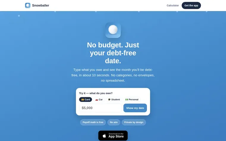 Screenshot of the Snowballer homepage