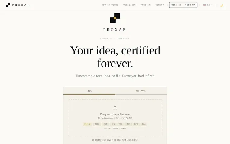 Screenshot of the Proxae homepage