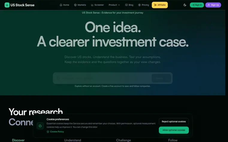 Screenshot of the US Stock Sense homepage