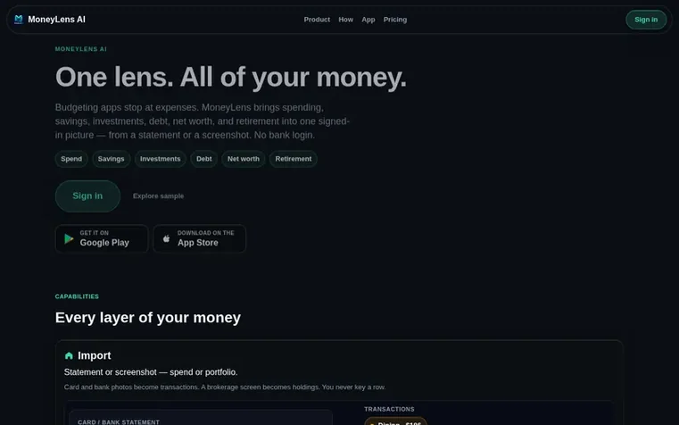 Screenshot of the MoneyLens AI homepage
