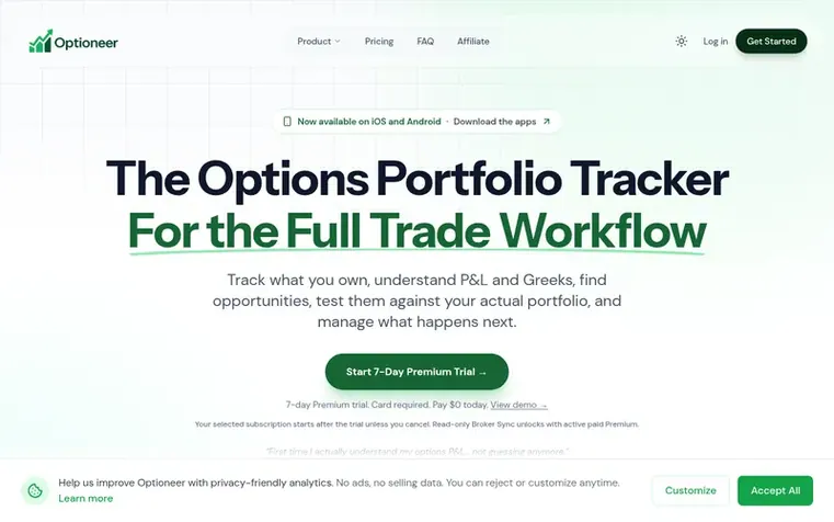 Screenshot of the Optioneer homepage
