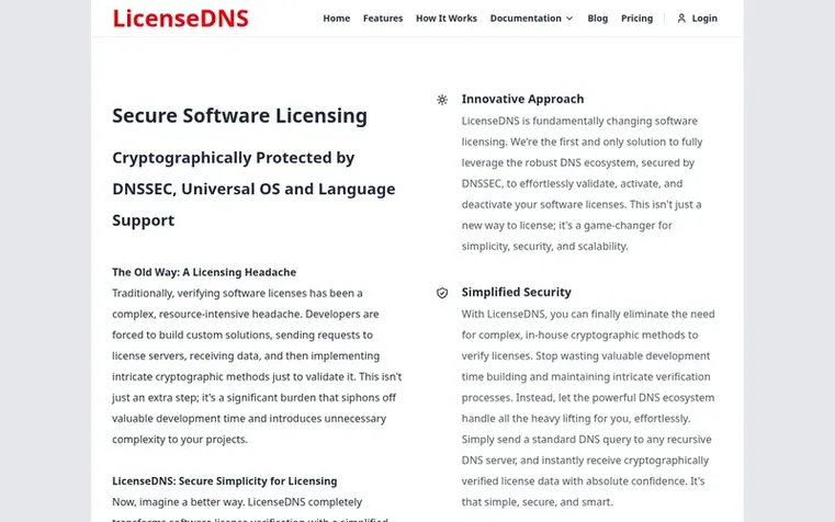 Screenshot of the LicenseDNS homepage