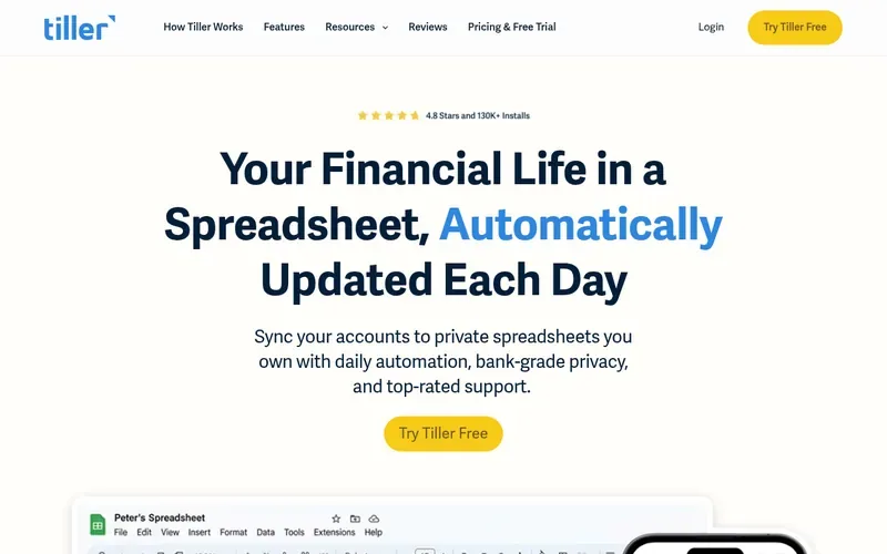 Screenshot of the Tiller homepage