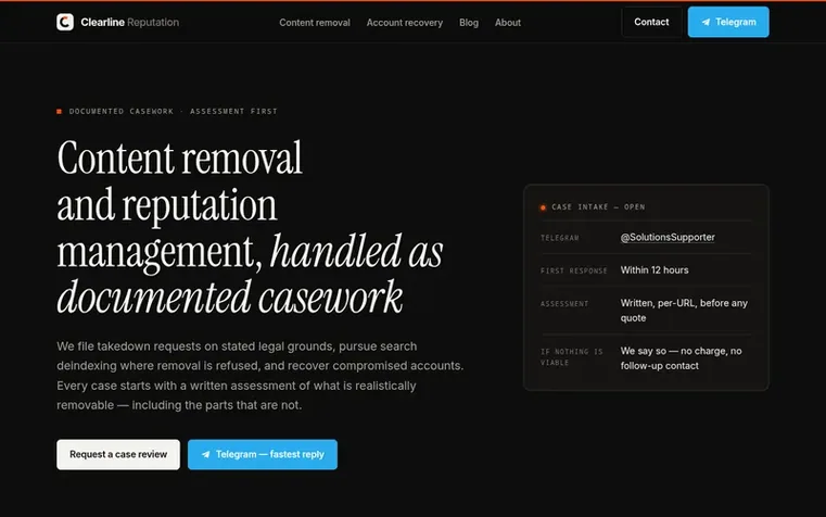 Screenshot of the Clearline Reputation homepage