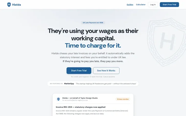Screenshot of the Hielda homepage