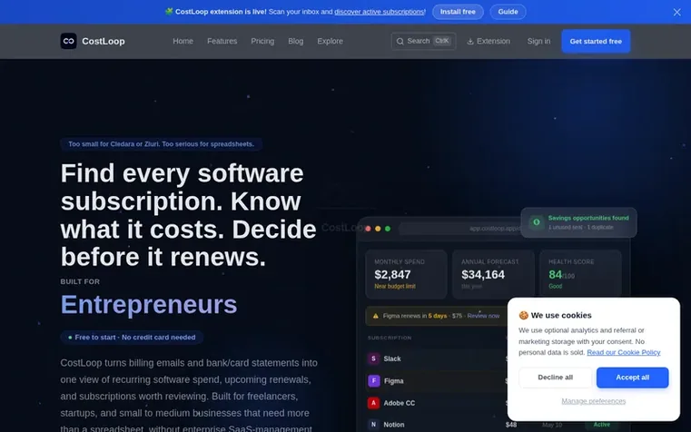 Screenshot of the CostLoop homepage