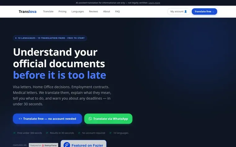 Screenshot of the Translova homepage
