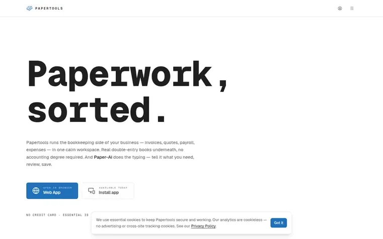 Screenshot of the Papertools homepage