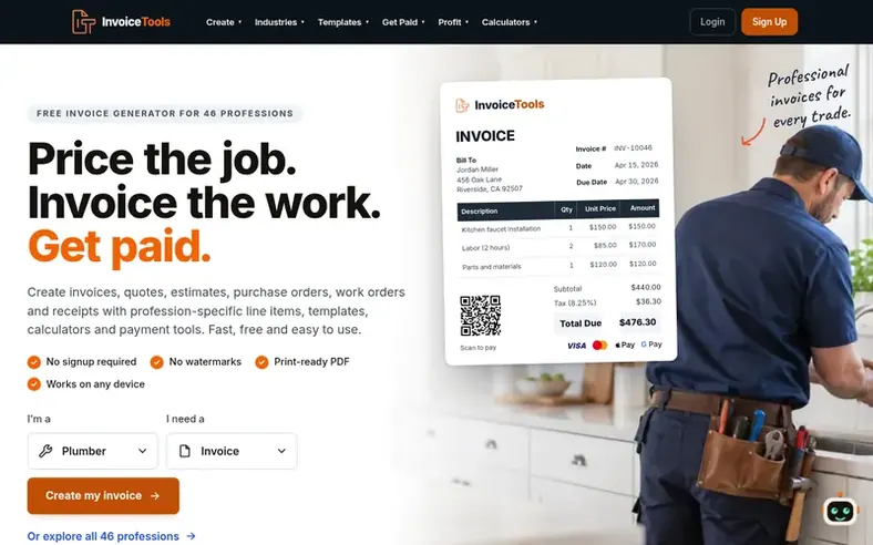 Screenshot of the InvoiceTools homepage