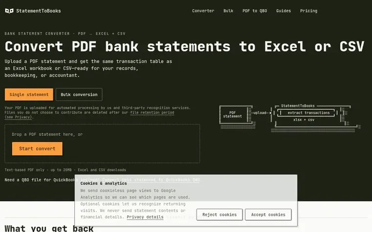Screenshot of the StatementToBooks homepage