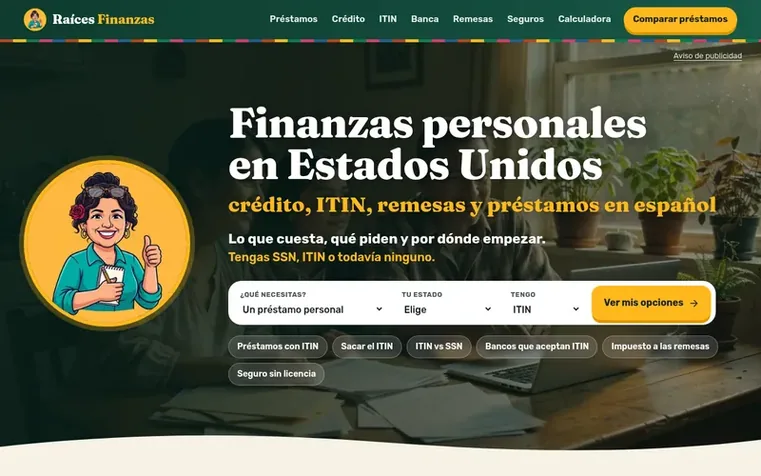 Screenshot of the Raíces Finanzas homepage