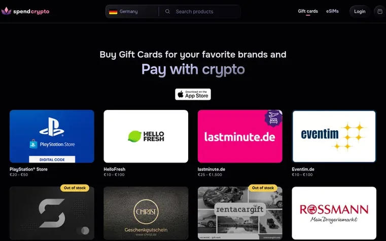 Screenshot of the SpendCrypto homepage