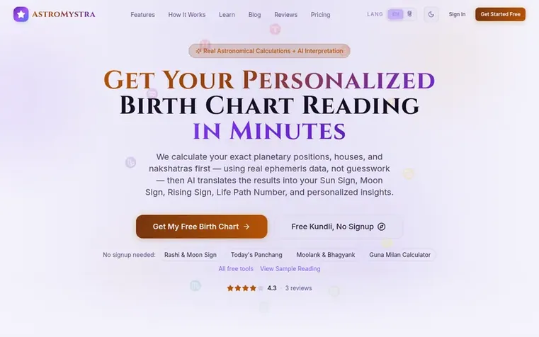 Screenshot of the AstroMystra homepage