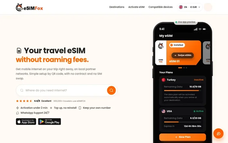 Screenshot of the eSIMFOX® homepage