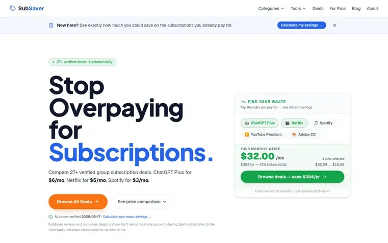 Screenshot of the SubSaver homepage