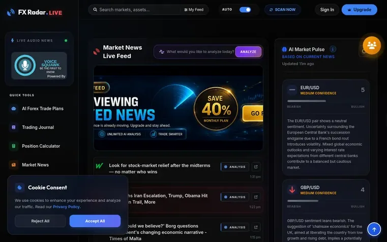 Screenshot of the FX Radar homepage