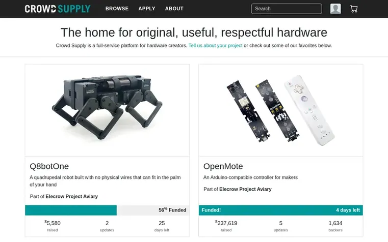 Screenshot of the Crowd Supply homepage