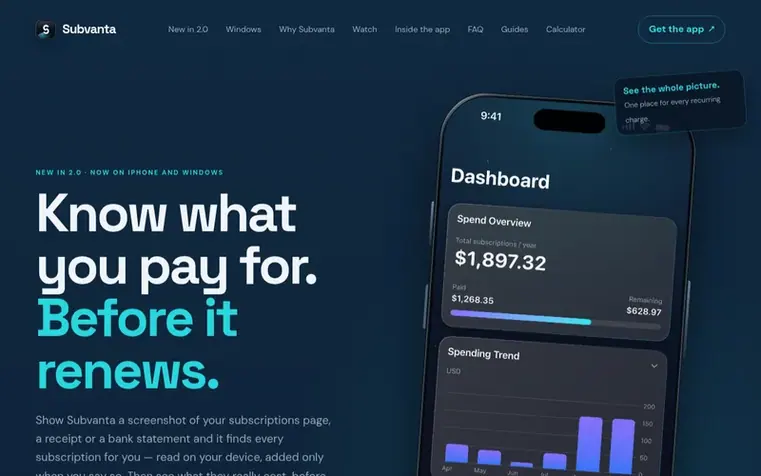 Screenshot of the Subvanta homepage