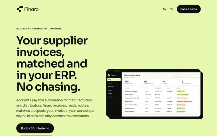 Screenshot of the Finaro homepage