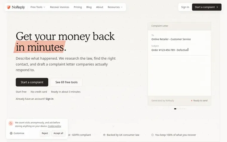 Screenshot of the NoReply homepage