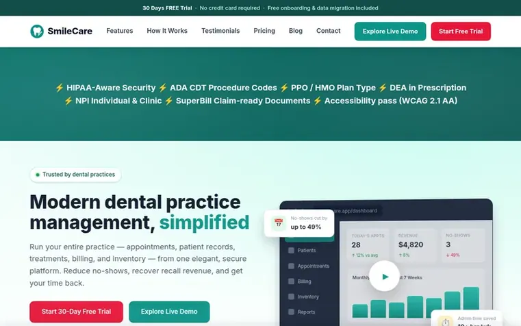 Screenshot of the SmileCare homepage
