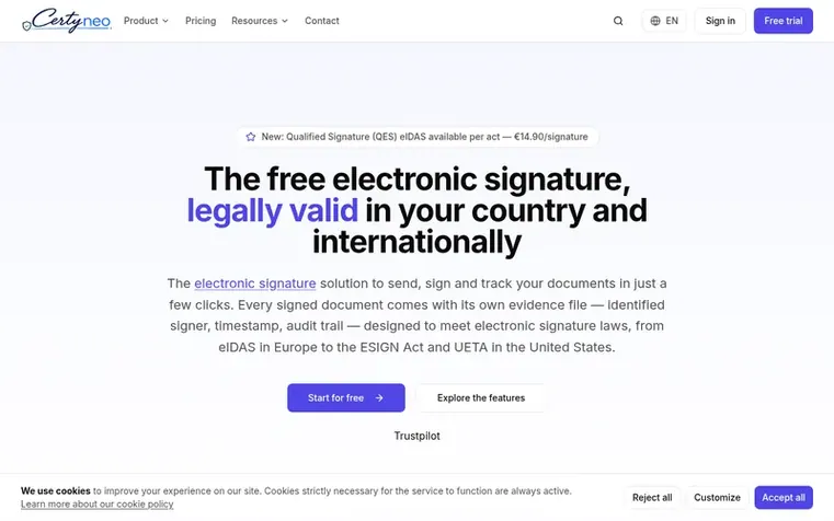 Screenshot of the Certyneo homepage