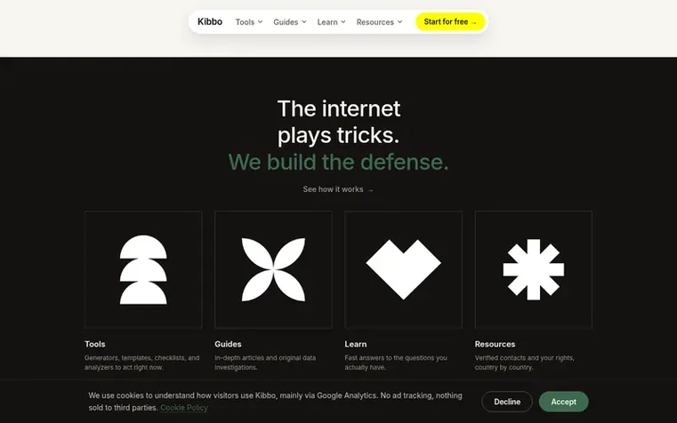 Screenshot of the Kibbo homepage