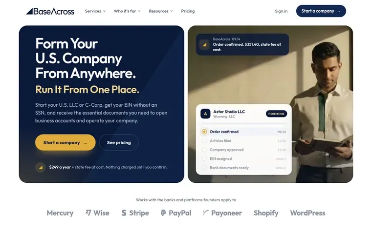Screenshot of the BaseAcross homepage
