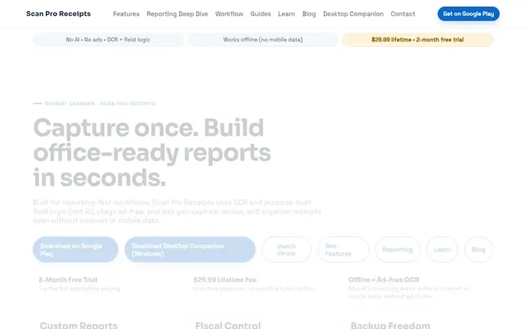 Screenshot of the Scan Pro Receipts homepage