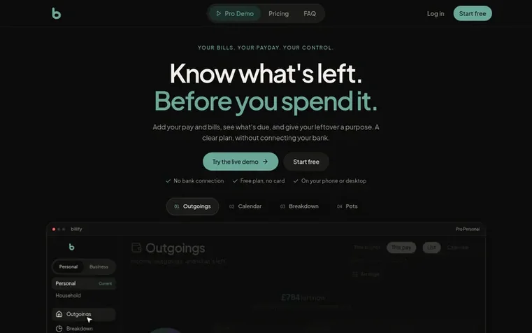 Screenshot of the Billify homepage