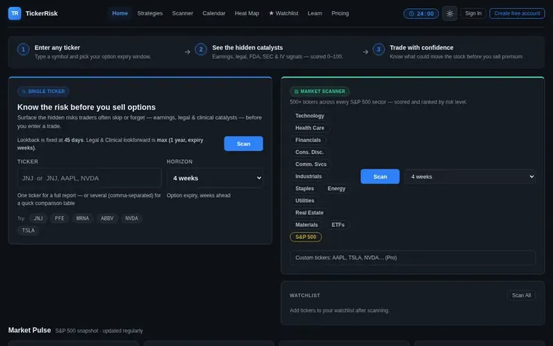 Screenshot of the TickerRisk homepage