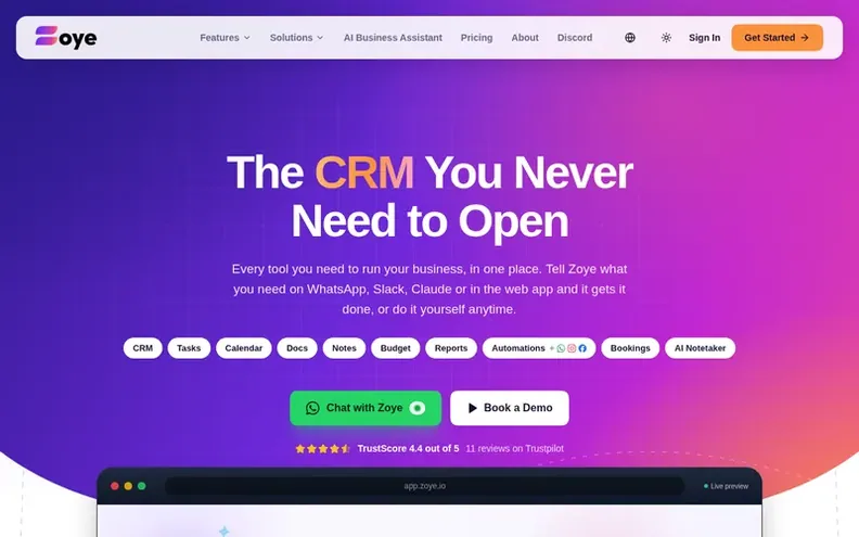 Screenshot of the Zoye homepage