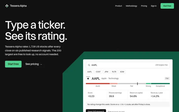 Screenshot of the Tessera Alpha homepage