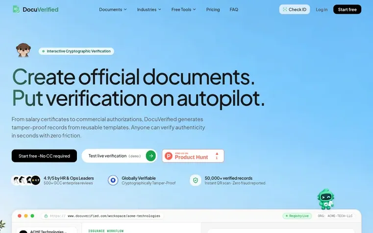 Screenshot of the DocuVerified homepage