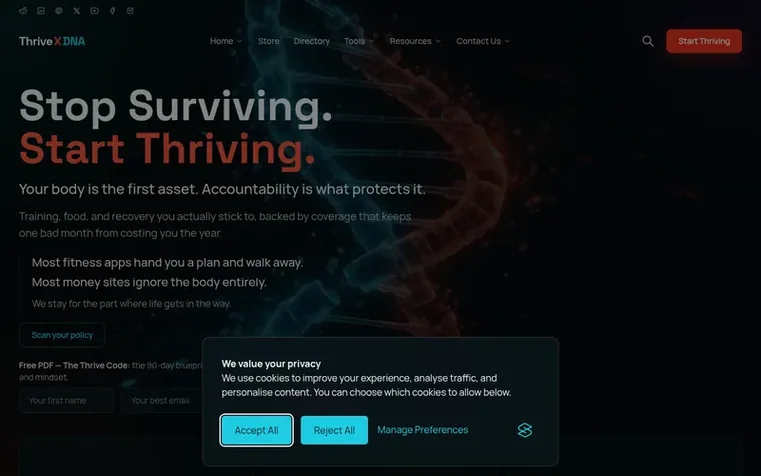Screenshot of the ThriveXDNA homepage