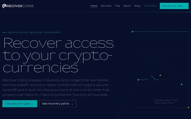 Screenshot of the RecoverCoins homepage