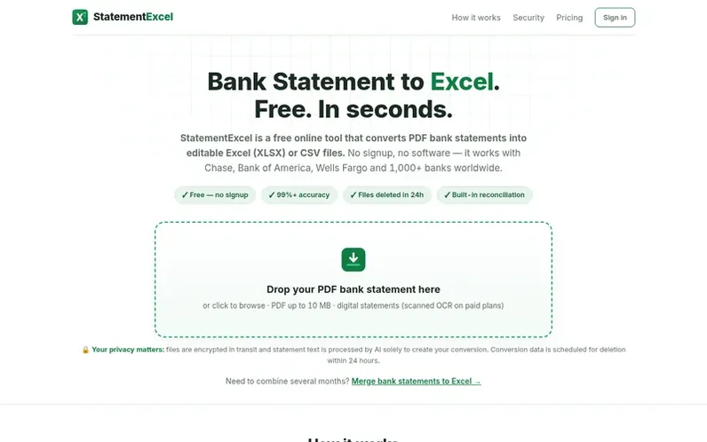 Screenshot of the StatementExcel homepage