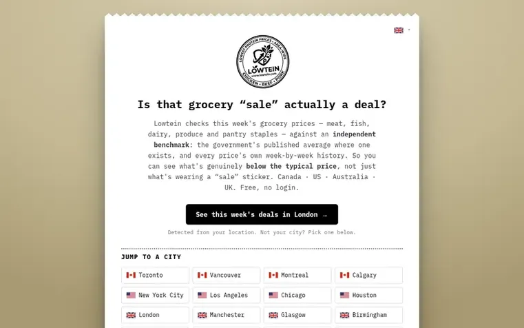 Screenshot of the Lowtein homepage