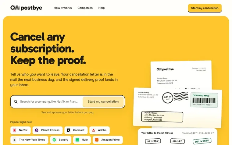 Screenshot of the Postbye homepage